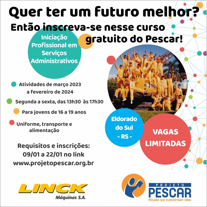 Unidade Projeto Pescar Linck Máquinas está com inscrições abertas até o dia 22 de janeiro